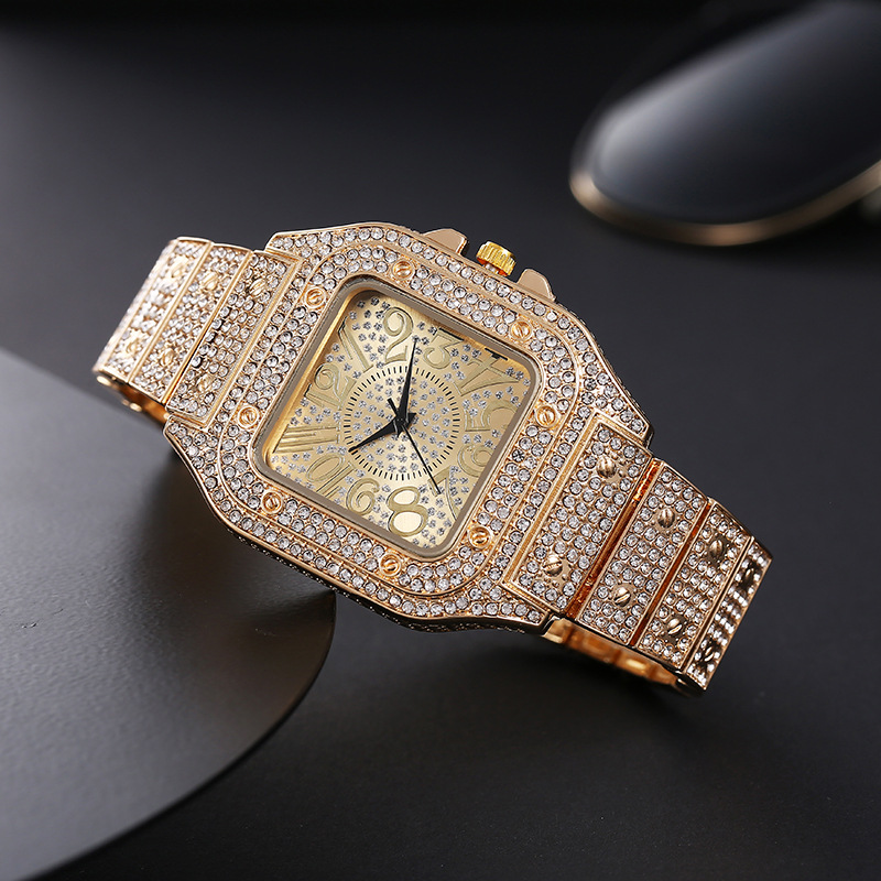 Stylish square diamond-set full diamond numeral watch for women, quartz watch