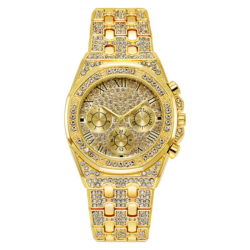 New style men's fashion watch with full diamond steel band and quartz rhinestone dial.