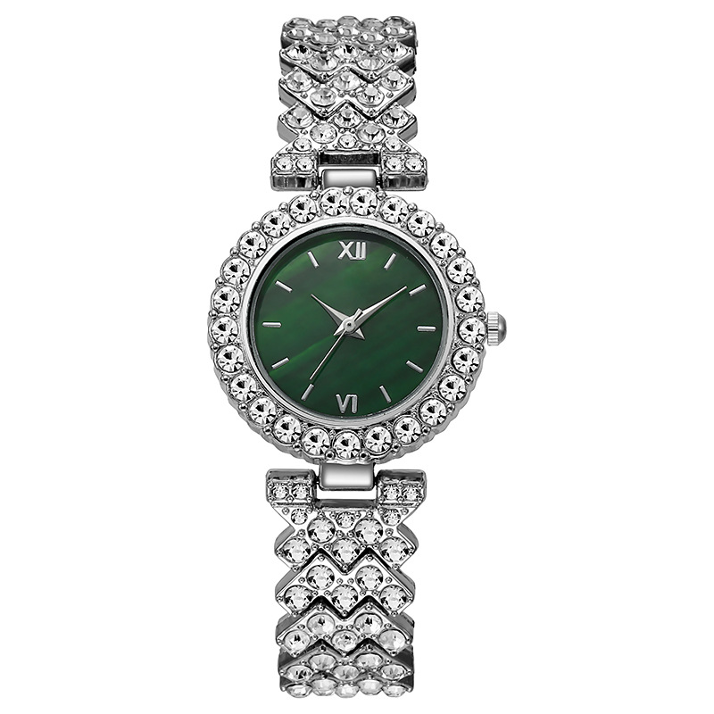 New diamond-encrusted fuchsia green dial women's bracelet watch, a niche high-end timepiece.