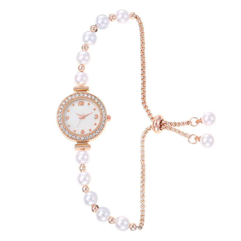 Fashionable pearl-encrusted rhinestone shell dial with pull-out bracelet, exquisite quartz women's watch/student watch