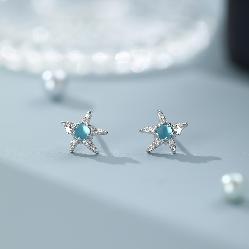 Pure silver high-end blue starfish earrings, gentle and sweet temperament, exquisite earrings