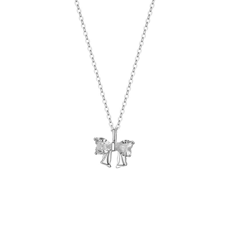 Sterling silver zircon bow necklace, elegant and sweet, a versatile new clavicle chain for young girls.